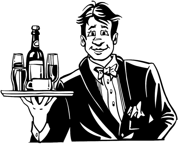 Waiter serving drinks vinyl sticker. Customize on line. Restaurants Bars Hotels 079-0297